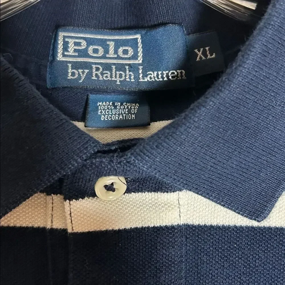 Ralph Lauren Mens Navy Blue and White Striped Polo Shirt